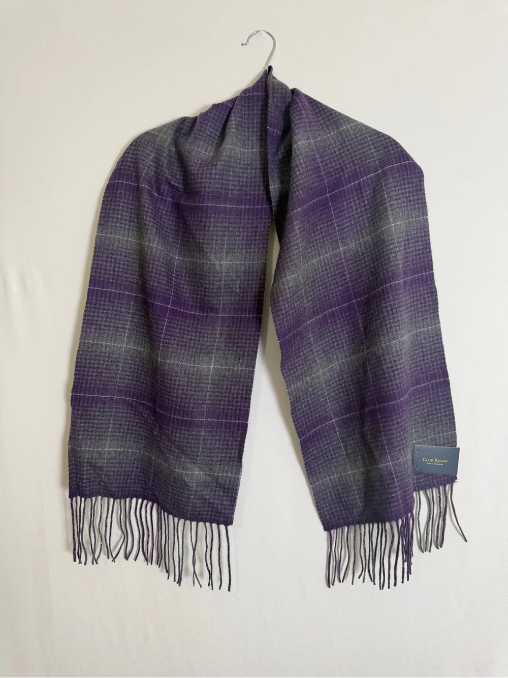 CLUB ROOM MULTI-COLOR GREY/PURPLE PLAID FRINGE TRIM 100% CASHMERE SCARF